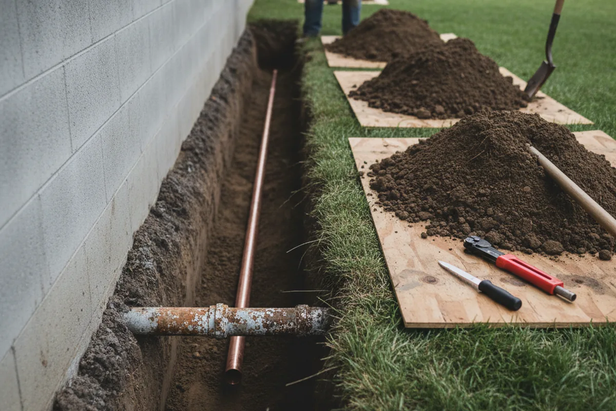 Excavated water line trench during Sewer Line Repair in Oilton